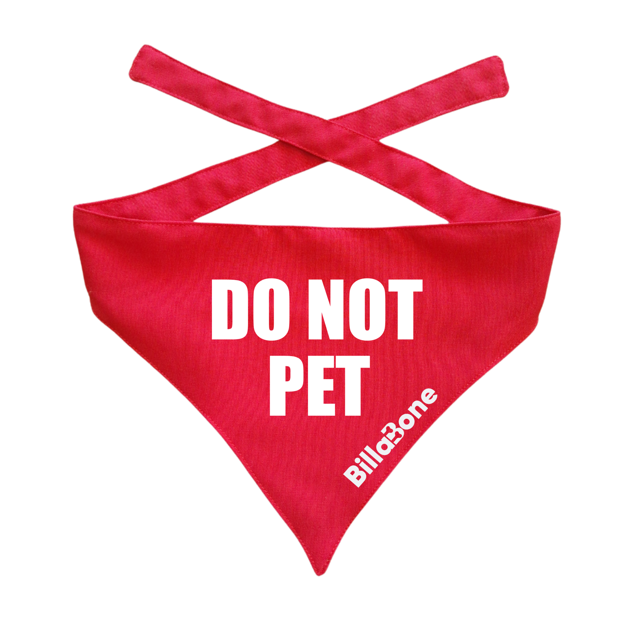 Bright red dog bandana with "DO NOT TOUCH" printed in bold white letters, designed to signal that a dog should not be approached or petted. Featuring a stylish tie-on design for a comfortable fit. 