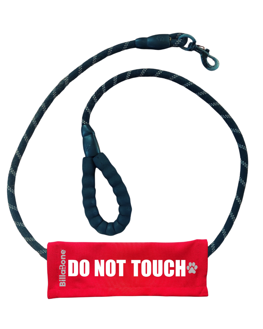 A red lead cover with "DO NOT TOUCH" printed in bold white letters, wrapped around a black rope-style dog leash. It signals that the dog doesn’t want to be touched. 